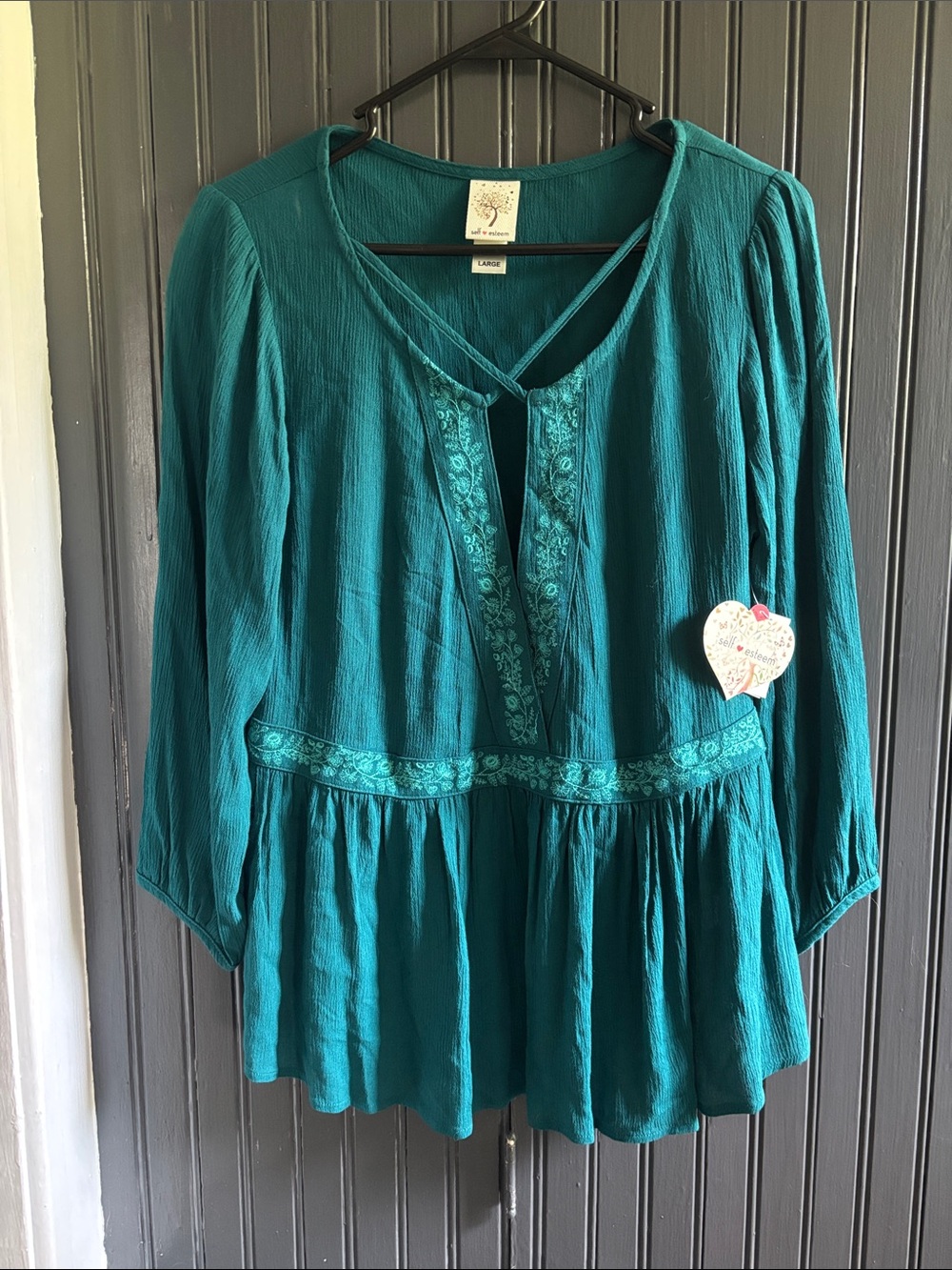 NWT Self Esteem Boho Peasant Blouse - Teal Long-Sleeve Top